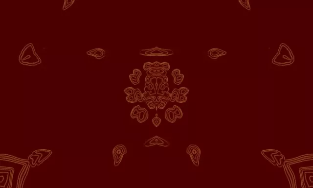 Rdeč in zlat okrašen mandala vzorec s simetrično geometrijskima vzorcema na temnem karminastem ozadju, ki ustvarja abstraktno kaleidoskopsko VJ zanko ozadja