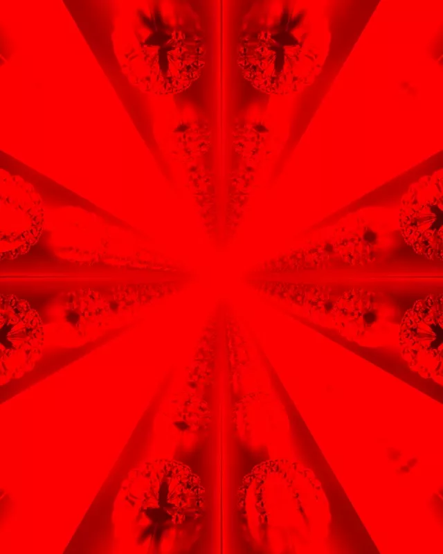 Diep rooi fraktale neontunnel met straelende ligstrale wat na die middel konvergeer, abstrakte geometriese patrone, 60fps VJ-lus