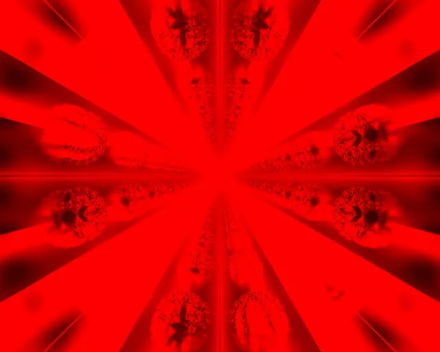 Helder rooi fraktaal neontunnel met straalende simmetriese geometriese patrone vir VJ-lusse