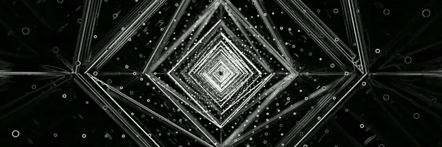 Črno-beli geometrijski diamantni vrtinec tunel s koncentričnimi neonskimimi črtami, ki se spiralno vrtijo navznoter, ustvarjajući neskončen 3D perspektivni učinek za VJ zanke.