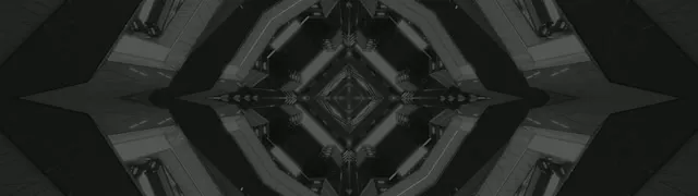 검정색과 회색 기하학적 네온 패턴이 있는 대칭적인 어두운 다이아몬드 만화경 터널, 무한 깊이를 만드는 중앙 소실점, 추상적인 VJ 루프 모션 배경