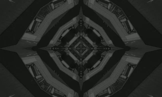 Tunel kaleidoskop berlini dark simetrik me modele gjeometrike reflektive, animacion VJ neon e zezë dhe gri, 4K 60fps