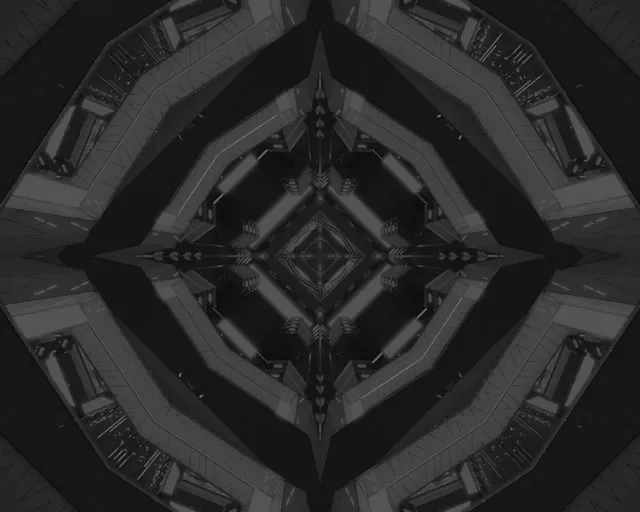 Simetriška tamsiai pilka geometrinė kaleidoskopo tunelis su deimanto centru, koncentriniai raštai gylyje, pramoninis VJ-ciklas