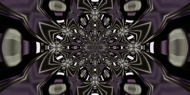 Đường hầm neon tím sẫm đối xứng với mô hình kaleidoscope fractal phức tạp, điểm trung tâm hình học bức xạ, vòng lặp VJ 4K nền động