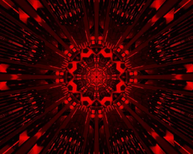 Bintang fraktal merah dan hitam memancar melalui terowongan neon, pola geometris simetris berkumpul menuju pusat, loop VJ industrial