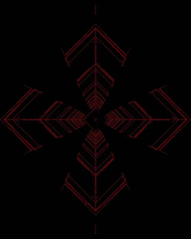 Красный неоновый геометрический узор со стрелообразными туннелями, сходящимися к центру, симметричный дизайн 4:5 для VJ циклов