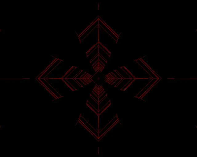 Terowongan neon merah dengan pola panah dan silang simetris membentuk pusaran geometris, loop VJ industri