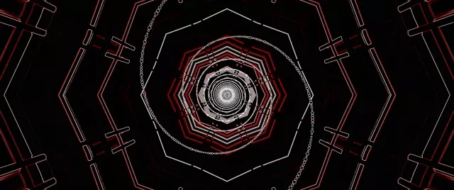 Tunnel octogonal néon rouge et blanc avec vortex géométrique concentrique, perspective de tunnel profonde en boucle VJ 4K 60fps