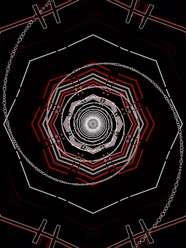نفق نيون ثماني الأضلاع متحد المركز أحمر وأبيض يدور حلزونياً نحو المركز مع دوامة هندسية متوهجة، حلقة VJ مجردة للشاشة.