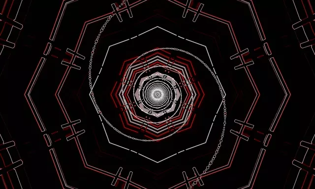 Crveno-bijeli neon oktagon tunel koji se spiralno skuplja prema unutra s koncentričnim geometrijskim slojevima stvarajući hipnotizujući vorteks efekt, apstraktna VJ petlja