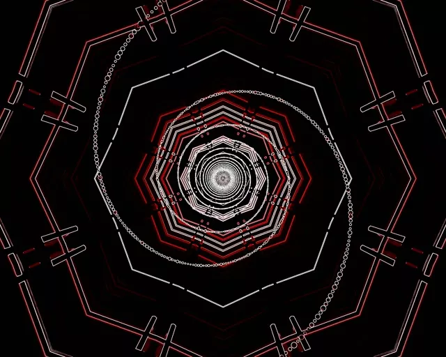 Raudona ir balta neoninė aštuonkampė spiralės tunelio VJ kilpa su koncentrinis geometriniais sluoksniais