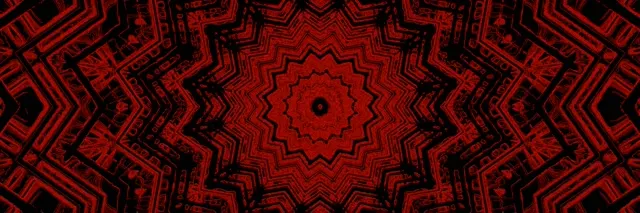 Simetrisks sarkani-melns zvaigznes kaleidoskopa motīvs ar koncentriskiem ģeometriskiem gredzeniem, veidojot dziļuma ilūziju šajā abstraktā neona tuneļa VJ cilpā