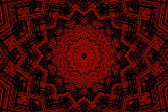 Túnel kaleidoscopio estrella neon rojo simétrico con patrones geométricos concéntricos irradiando desde el centro, creando efecto de profundidad hipnótico en tonos rojo carmesí vibrante y negro, bucle VJ 4K