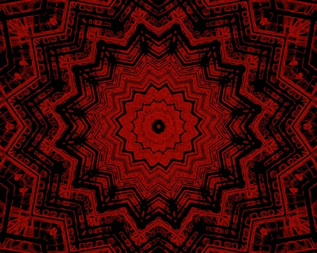 Koncentrične crvene i crne zvijezde fraktali tvore simetrični neon tunel sa zracima geometrijskih uzoraka za VJ petlju