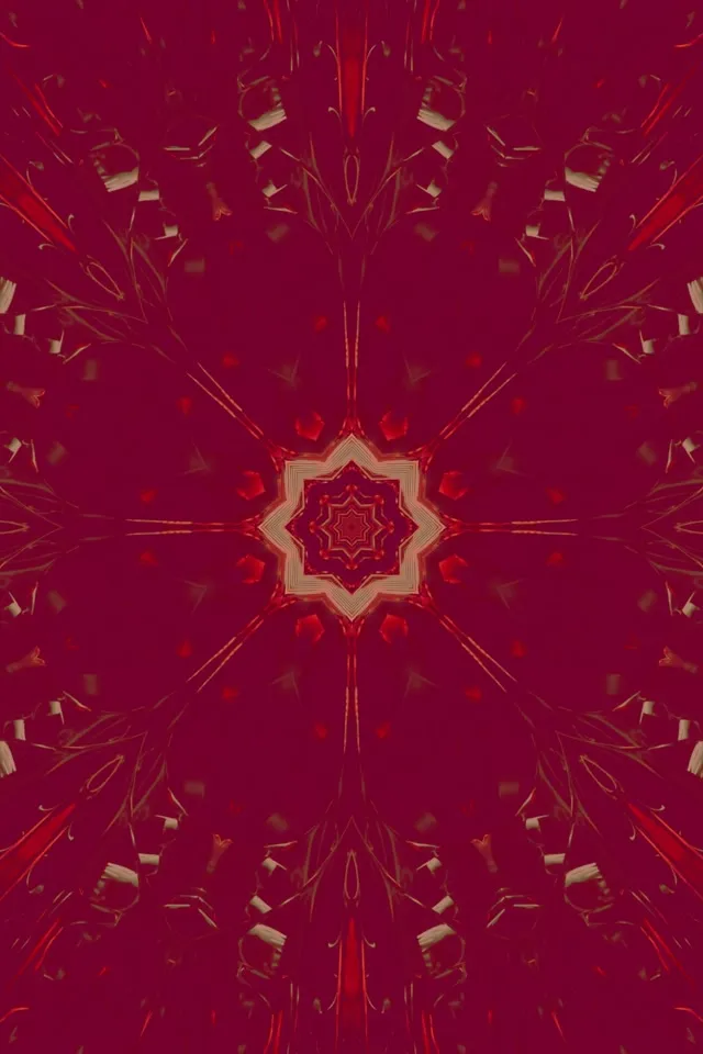 গভীর লাল নিয়ন ক্যালিডোস্কোপ সোনার তারকা প্যাটার্ন, প্রতিসম ফ্র্যাক্টাল টানেল প্রভাব, 60fps VJ লুপ বিমূর্ত পটভূমি