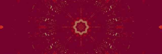 深紅色背景上輻射金色曼陀羅星爆，對稱霓虹幾何與放射狀光線，抽象VJ循環動畫背景