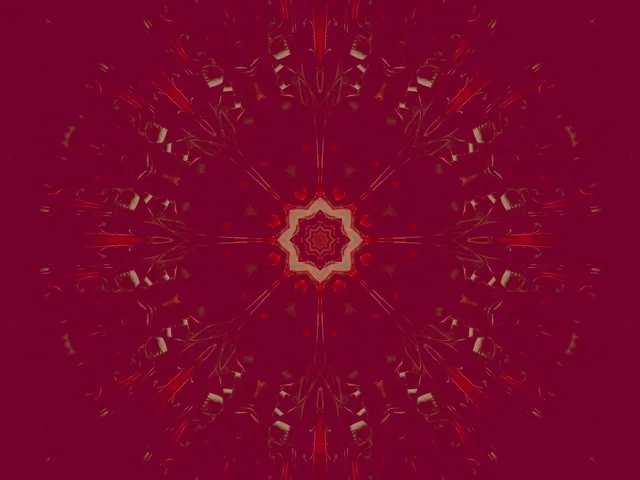 Βαθύ κόκκινο νέον κυλινδρικό καλειδοσκόπιο με χρυσή έκρηξη αστεριού στο κέντρο, συμμετρικά γεωμετρικά σχέδια που εκπέμπονται προς τα έξω, VJ βρόχος 60fps