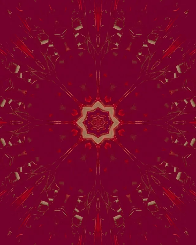 Симметричный красно-золотой неоновый фрактальный звездный калейдоскоп с лучистыми световыми туннелями, абстрактная 60fps VJ петля