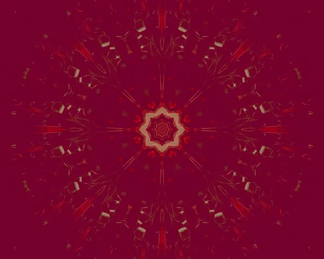 Mandala ffractal cymesur mewn coch dwfn gyda seren aur yn ynni o'r canol, cefndir cylch VJ neon 60fps