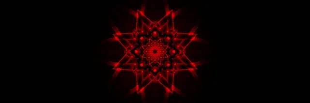 Mandala fraktal merah bersinar berputar spiralnya melalui terowongan neon, bentuk geometris abstrak memancar dari pusat, loop VJ 4K