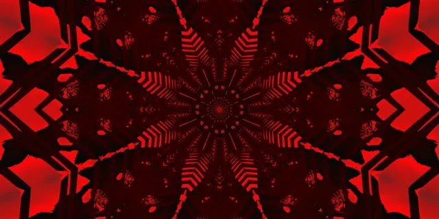 Концентрични червени неонови звездни форми създават ефект на дълбок tunelен вихър на черен фон, абстрактна 4K VJ верига със симетрични геометрични модели