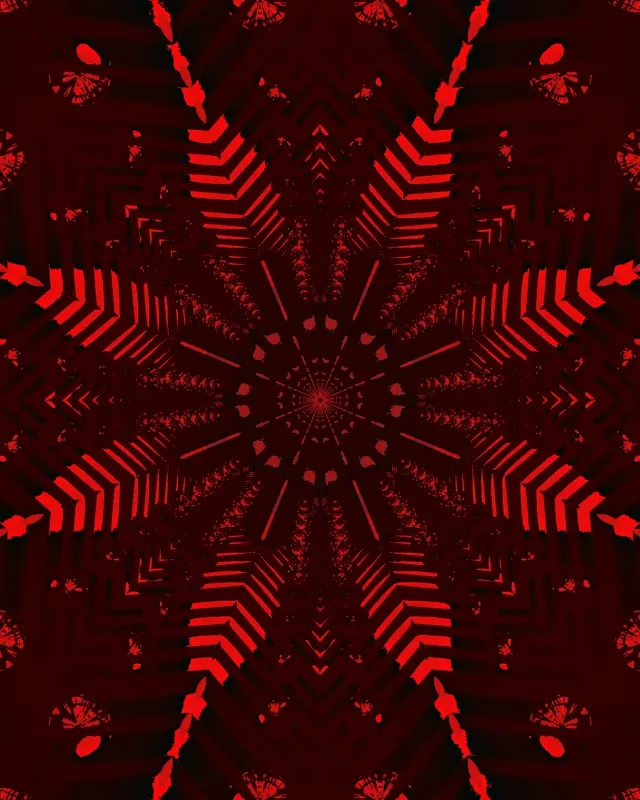 Концентрические красные неоновые звезды излучают из центра, создавая симметричный туннельный вихрь со светящимися электрическими линиями на черном фоне, VJ петля