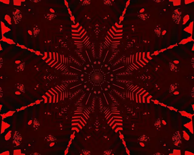 Bentuk bintang neon merah konsentris membentuk terowongan kedalaman tak terbatas pada latar belakang hitam, pusaran VJ loop simetris dengan pola geometri industri