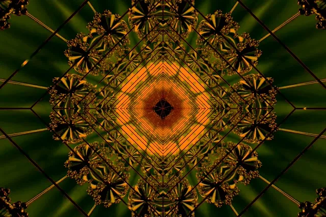 Neon tunnel ya kujinga ya abstract na ina maumbo ya almasi ya machungwa na dhahabu yanayozunguka toka katikati, inayounda athari ya kaleidoskopu ya uwazi