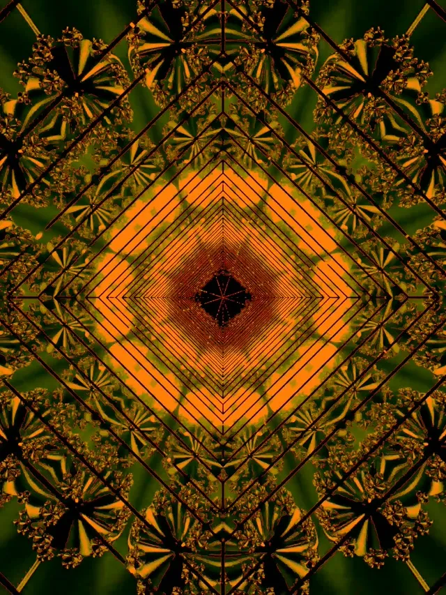 Pomarańczowy tunel neonowy ze spiralnym wiry diamentowym, geometryczne kształty koncentryczne tworzące głębię, ciepłe tony pomarańczowe i złote na ciemnozielonym tle, pętla VJ 60fps