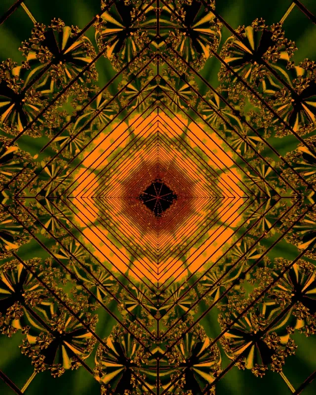 Oranje en goue neontunnel met spiraalvormige diamantwerwel patroon, simmetriese geometriese ontwerp, 60fps VJ-lus bewegingsagtergrond