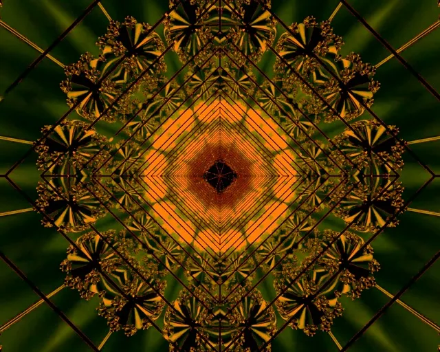 Simmetriese neontunnel met oranje diamant werwel in sentrum, geometriese patrone wat na buite straal, geel-swart gestreepte besonderhede, donker groen agtergrond, abstrakte VJ loop bewegingsgrafika