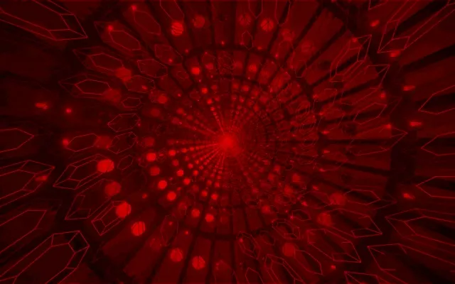 Roter Neon-Tunnel mit kristallinem Vortex, leuchtende geometrische Muster strahlen vom Zentrum aus, abstrakte 4K VJ-Loop Bewegungsgrafik