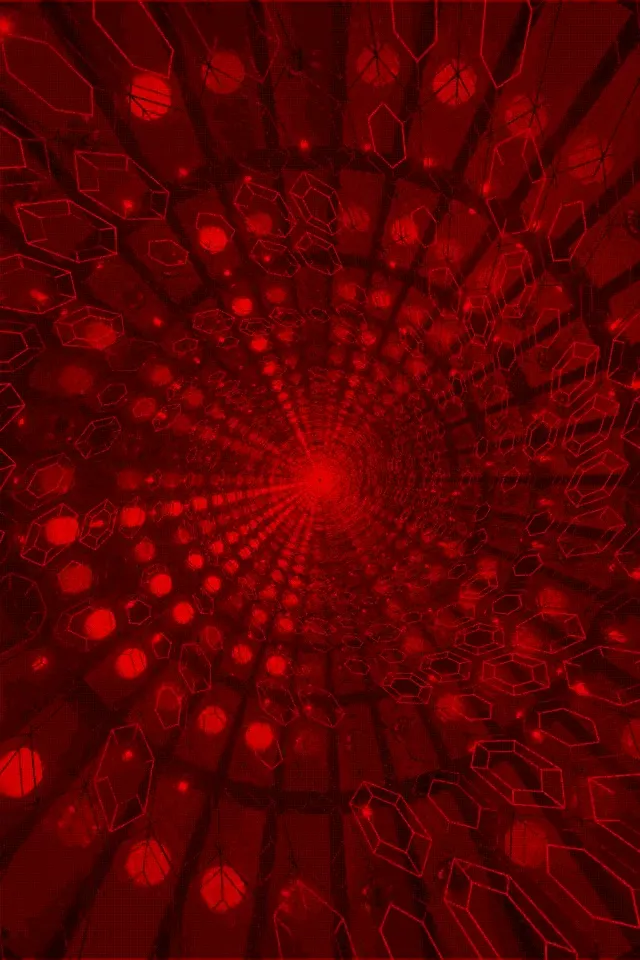 Tamsus raudonas neoninės tunelio kristalai geometriškai sūkurais į šviesų sukurę centrą, abstraktus VJ-ciklas