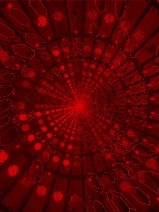 Punainen neoniputki, joiden kimaltelevat kristalliset pinnat spiralisoituvat kohti keskustaa, abstrakti geometrinen kuvio luo loputtomuuden syvyysvaikutelmaa, VJ loop 60fps