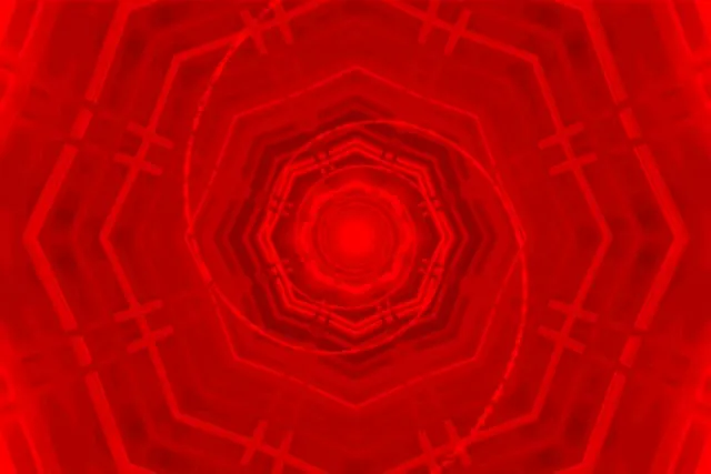 Túnel octagonal de neón rojo concéntrico espiralizándose hacia adentro con capas geométricas brillantes y patrón de vórtice hipnotizante