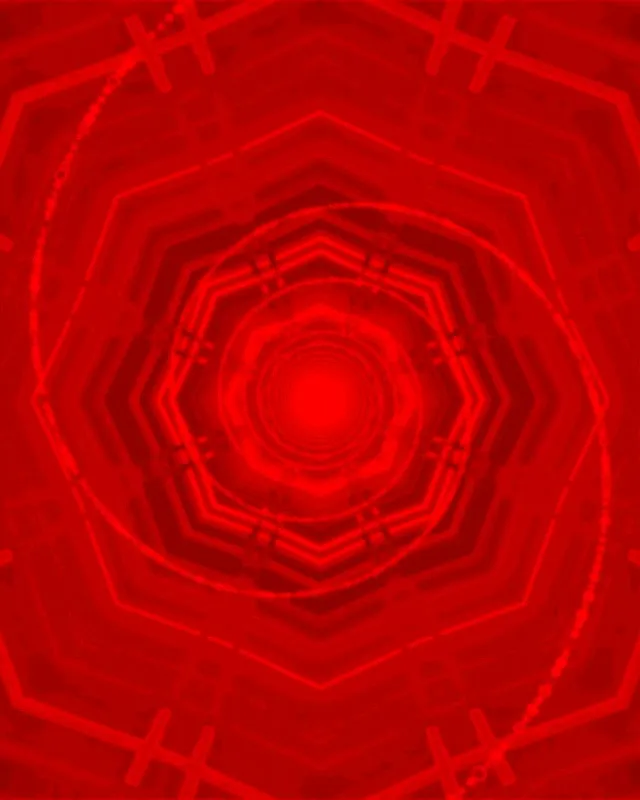 Tunnel néon rouge luminescent avec couches octagonales concentriques spiralant vers l'intérieur, créant un vortex hypnotisant pour boucles VJ