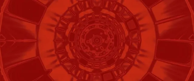 Terowong neon fraktal merah dengan lingkaran geometri konsentrik yang membentuk pusaran hipnotis dalam nada merah mendalam