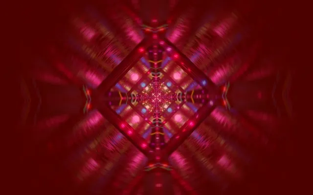 对称的红品红色霓虹钻石万花筒隧道，具有发光的几何图案，抽象VJ循环运动背景
