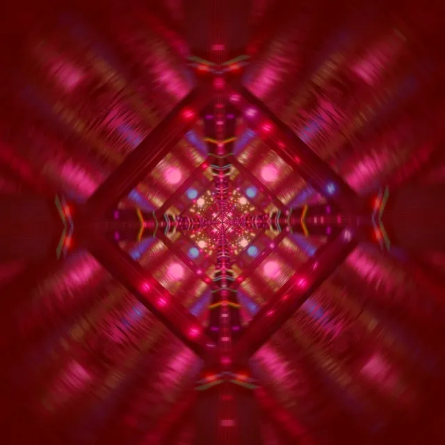 מנהור ניאון סימטרי עם דוגמת קליידוסקופ יהלום אדום ומגנטה, הדגשות כחולות זוהרות, רקע תנועה לולאה VJ 60fps