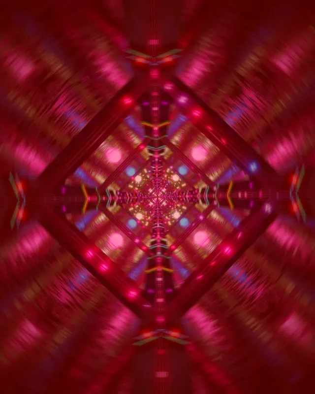 Vibrant czerwony i magenta tunel neonowy z symetrycznym wzorem kaleidoskopu diamentowego, świecące światła tworzą efekt głębi, abstrakcyjna pętla VJ tło ruchu