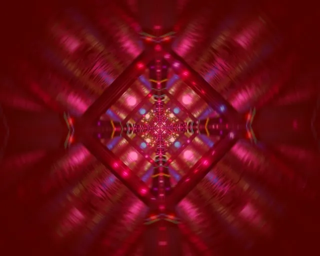 Terowong kaleidoskop berlian neon merah-magenta simetris dengan pola geometris bercahaya memancar ke dalam, VJ loop 60fps yang memukau