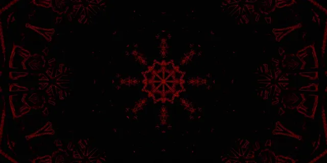 Simetrik kırmızı neon kaleidoskop spiralleşen karanlık uzayda, soyut geometrik VJ döngüsü ışıldayan mandala tasarımı ile
