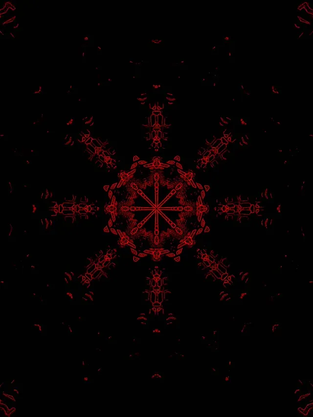 Symetryczny czerwony tunel kaleidoskopu neonowego z intrykacyjnymi wzorami geometrycznymi promieniującymi od centrum, abstrakcyjna pętla VJ