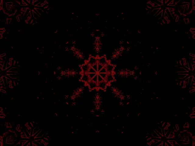 کالیدوسکوپ نیون قرمز متقارن با ساختار هندسی شبیه به ماندالا که از مرکز تابش می‌کند، اثر تونل هیپنوتیک ایجاد می‌کند