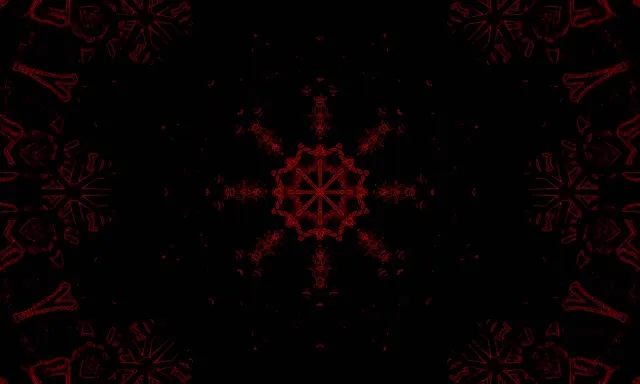 Simetrisks sarkans neonaļa kaleidoskopa virpulis spirāļu veidā uz iekšu, abstrakta VJ-cilpa ar ģeometriskiem rakstiem uz melna fona