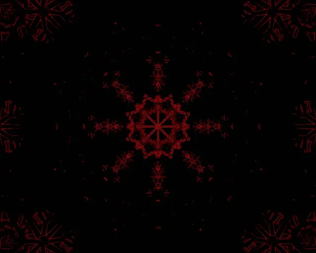 Pola kaleidoskop neon merah simetris yang memancar dari pusat, efek terowongan tak terbatas dengan garis geometris tajam, loop VJ 60fps