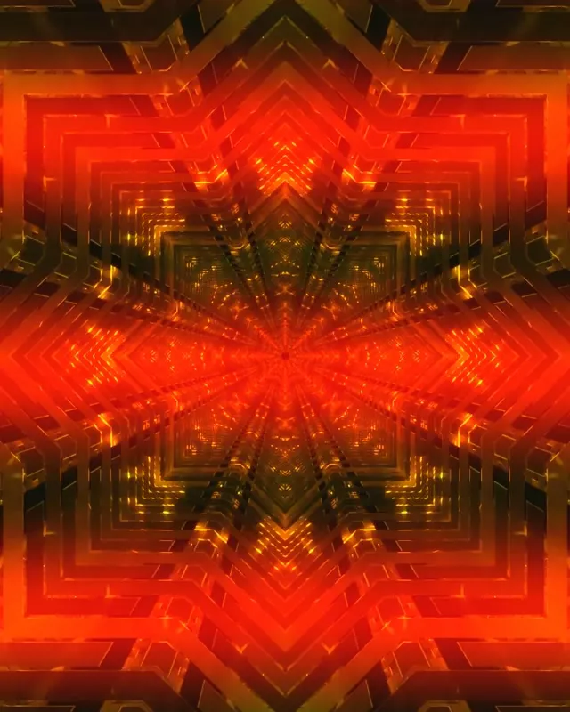 წითელი-ოქროს ფრაქტალური კალეიდოსკოპი ნეონის გვირაბით, სიმეტრიული გამოსხივებული გეომეტრიული ნიმუშები, VJ loop 60fps