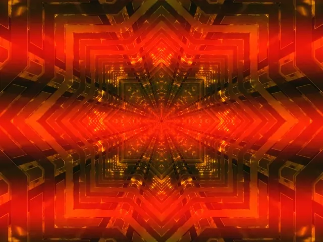 Túnel neon caleidoscópico vermello-ouro simétrico con patróns xeométricos radiantes, bucle VJ suave 60fps