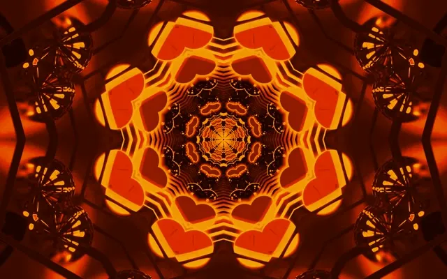 Strålende orange-rød neon fraktal kaleidoskop tunnel med symmetriske geometriske mønstre spiralende indad, der skaber en hypnotiserende abstrakt VJ-loop