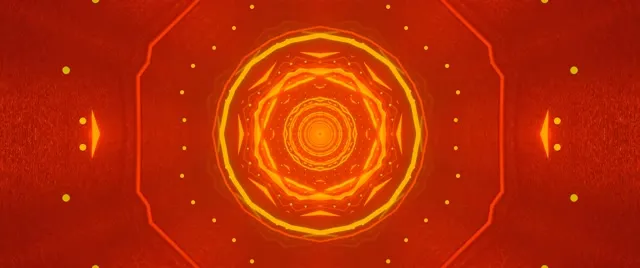 Gelang oktagon neon jingga dan merah bersinar sepusat spiral masuk ke dalam menciptakan kesan terowong pusaran berapi pada latar belakang merah gelap